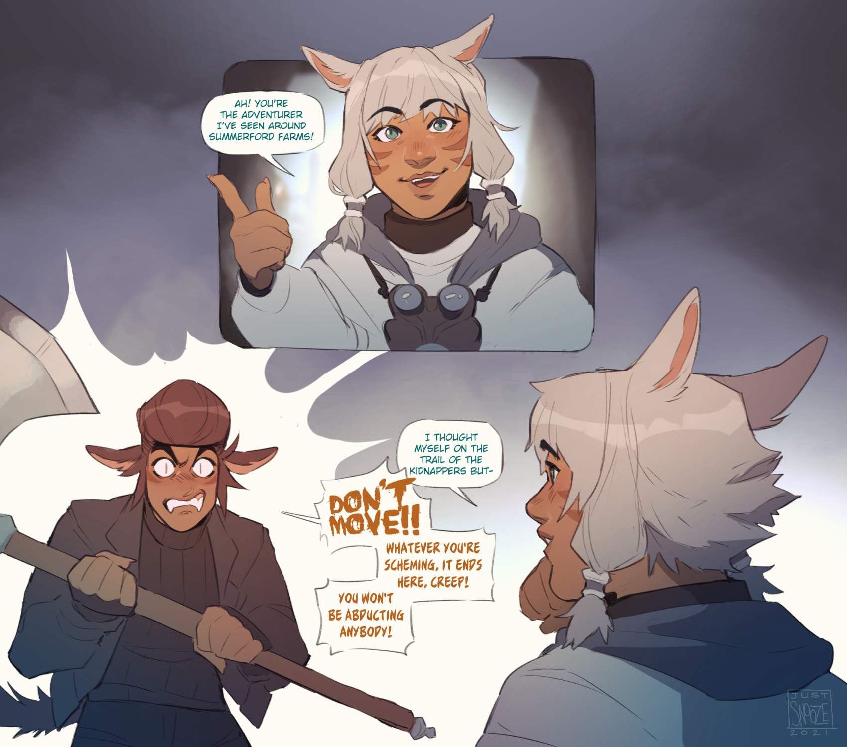 N'ever meeting Y'shtola during the early Limsa starting quests and assuming she's the kidnapper N'ever has been tracking.